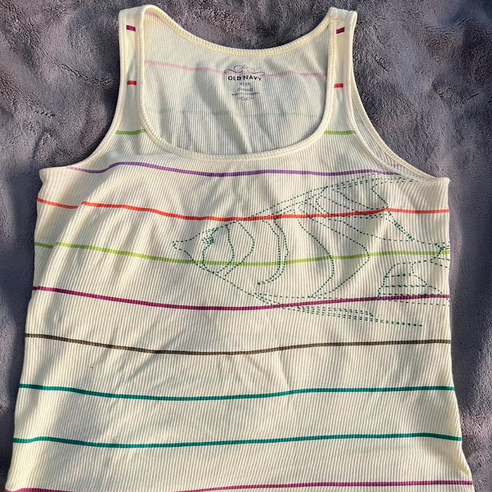 vintage pastel yellow tank top with fish & stripes